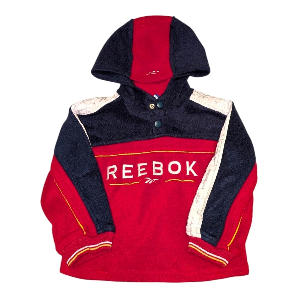 Vintage Y2K Reebok Colorblock Fleece Hoodie Pullover Red Navy White Size 4 Kids